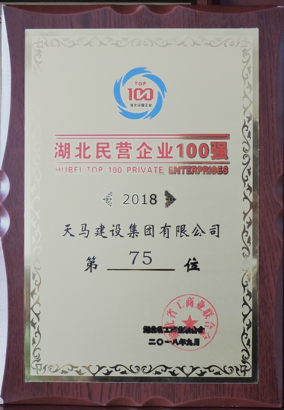 天马建设集团荣获“2018湖北民营企业100强”荣誉称号